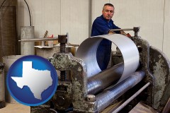 texas map icon and a sheet metal worker fabricating a metal tube