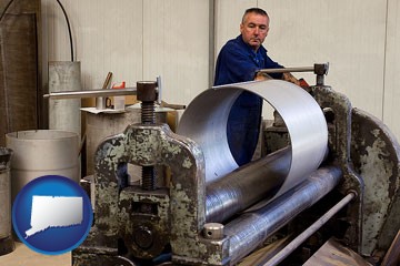 a sheet metal worker fabricating a metal tube - with Connecticut icon