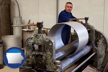 a sheet metal worker fabricating a metal tube - with Iowa icon