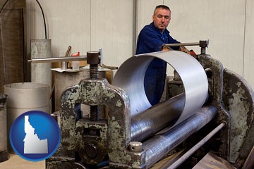 a sheet metal worker fabricating a metal tube - with Idaho icon