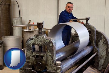 a sheet metal worker fabricating a metal tube - with Indiana icon