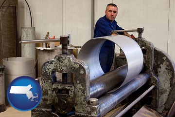 a sheet metal worker fabricating a metal tube - with Massachusetts icon