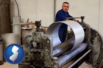 a sheet metal worker fabricating a metal tube - with New Jersey icon