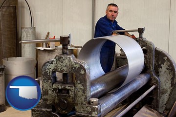 a sheet metal worker fabricating a metal tube - with Oklahoma icon
