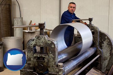 a sheet metal worker fabricating a metal tube - with Oregon icon