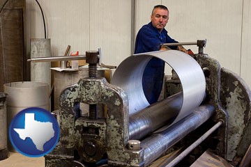 a sheet metal worker fabricating a metal tube - with Texas icon