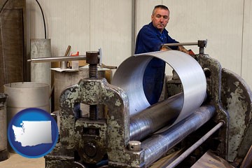 a sheet metal worker fabricating a metal tube - with Washington icon