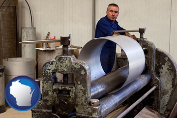a sheet metal worker fabricating a metal tube - with Wisconsin icon
