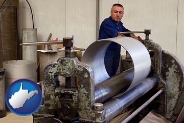 a sheet metal worker fabricating a metal tube - with West Virginia icon